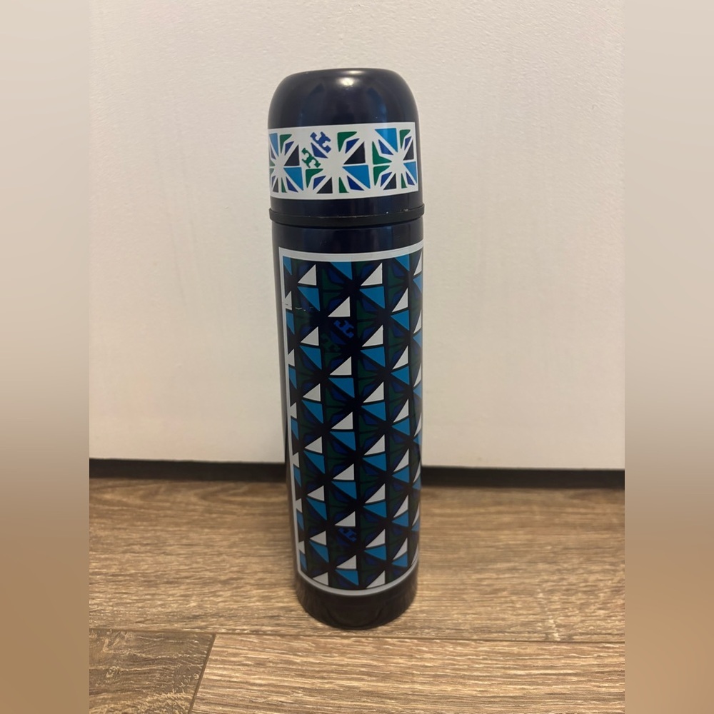 TORY BURCH BLUE LOGO VACUUM SEALED FLASK THERMOS INSULATED BOTTLE 17 fl oz.